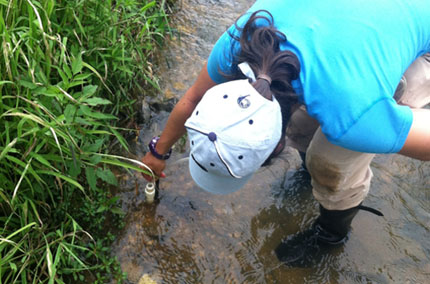 Researcher taking measurements from stream