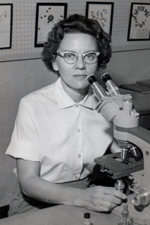 Rosalind Morris with microscope