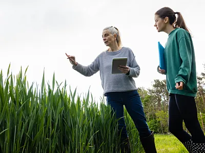 Two women in a field working together