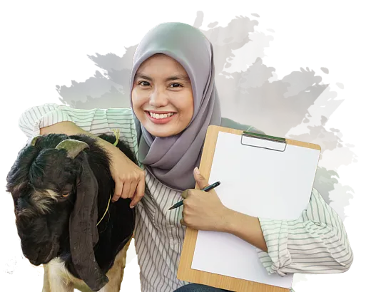 Woman leaning on an animal and holding a clipboard